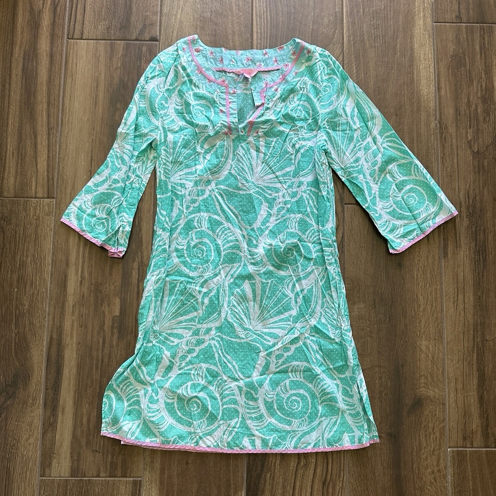 Lilly Pulitzer Murfee Tunic Top Turquoise Seashell Print Pink Trim Small